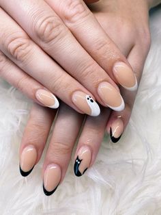 fingernail designs. one hand has white french tips with a ghost figure on the ring finger and the other hand has black french tips with a black cat figure on ring finger. French Tip Nail Designs, Basic Nails, Fire Nails