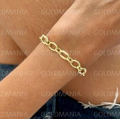 "All Our Bracelets Are Made Of REAL 14K GOLD  14K Yellow Gold Oval Link Chain Bracelet, 7.5\" Inch, 8.3mm Thick, Real Gold Bracelet, Polished And Textured, Women  Shop our 14K Bracelets https://www.etsy.com/shop/GOLDMANIA?ref=seller-platform-mcnav§ion_id=26925987  Shop On Sale items https://www.etsy.com/shop/GOLDMANIA?ref=seller-platform-mcnav§ion_id=1  Metal: 14K Yellow Gold    Width: 8.3 MM  Length: 7.5 IN  Closure: Lobster claw Weight: 3.56 Gram  SHIPPED FROM NEW YORK CITY FREE SHIPPING on al Real Gold Bracelet, Link Chain Bracelet, Chain Link Bracelet, Real Gold, Link Chain, Delicate Bracelet, Chain Bracelet, Chain Link, Sale Items