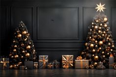 two christmas trees with gold and silver presents next to each other on a wooden floor