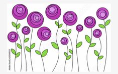 purple flowers with green leaves on a white background, hand drawn doodle style illustration