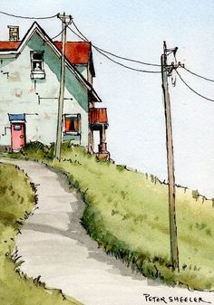 a watercolor painting of a house on a hill with power lines in the background