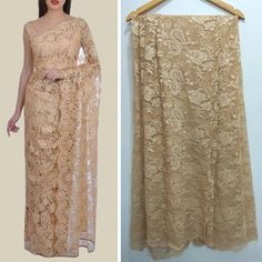 Saree Blouse Indian ethnic designer Golden Beige lace net exclusive made to order new sari blouse pe Chantilly Lace Saree, Lace Saree Blouse, Net Saree Designs, Net Sari, Bridal Sarees South Indian, Blouse Indian, Lace Saree, Partywear Dresses, Ethnic Sarees