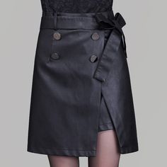 High Waist Black A-Line Double-Breasted Mini Skirt High Waisted Leather Skirt, Short Pollera, Unique Skirts, Pu Leather Skirt, Faux Leather Pencil Skirt, Leather Midi Skirt, A Line Mini Skirt, Black Leather Skirts, Leather Pencil Skirt