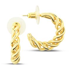 Classic twisted rope hoop earrings with a modern design. 14K real gold plated twisted earrings are a simple and easy accessory for everyday fashion. Tarnish-resistant, hypoallergenic, lead, and nickel free. Ideal for sensitive ears. These tasteful twisted rope design hoop earrings are a timeless and traditional piece of jewelry for any woman! It is perfect to let her know just how much you care. Our earrings are well-suited for any gift-giving occasion and perfectly complements professional, for Gold Plated Hoop Earrings With A Modern Twist, Modern Twist Gold Plated Hoop Earrings, Modern Twist Gold-plated Hoop Earrings, Modern Twist Small Hoop Metal Earrings, Gold Hoop Earrings With A Modern Twist, Gold Twisted Metal Hoop Earrings, Modern Twist Metal Twisted Hoop Earrings, Modern Twist Metal Hoop Earrings, Modern Twisted Metal Hoop Earrings