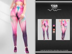 an image of a woman in pink and blue tights with the words tsr on it