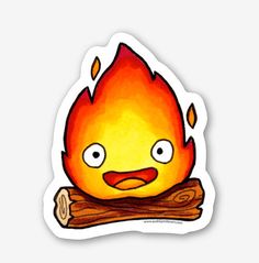 a sticker with a cartoon fire on it