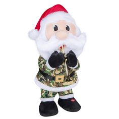 This adorable animated Santa is a real charmer. Decked out for the season in a camo Santa suit and red Santa hat, our musical Santa grooves and plays the trumpet to "We Wish You A Merry Christmas". Styled with a big fuzzy beard, our plush military Santa makes a delightful holiday gift or decorative accent. Recommended for ages 3 and up. Holiday Living 14.17-in Musical Animatronic Toys Battery-operated Batteries Included Christmas Decor | 885065 Santa Suits, Battery Operated, Lowes Home Improvements, Santa Hat, Holiday Gifts, Accent Decor, Merry Christmas, Christmas Decorations, Toys