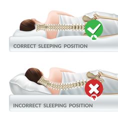 a person laying down with the correct sleeping position on their back, and an arrow pointing to the correct sleeping position