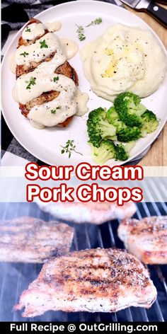 grilled pork chops, broccoli and mashed potatoes on the grill