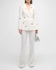 Cinq à Sept 'Cheyenne' signature blazer showcases embroidered gold-tone crystal and pearly brooches.Notched lapels.Long sleeves.Five-button cuffs.Decorative front flap pockets.Back vent.Tailored fit.Falls below the hips.Single button closure Triacetate/polyester Dry clean Imported Model is 5'10'/177cm. White Embellished Blazer For Party, White Embellished Party Blazer, Elegant White Embellished Blazer, Elegant Embroidered Suits With Notch Lapel, Elegant Embroidered Blazer For Party, Chic Embellished Evening Suit, Chic Evening Suit Embellished, Luxury Embellished Formal Blazer, Luxury Embellished Suit With Notch Lapel