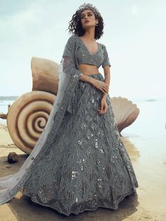 Grey Net Embroidered Lehenga Choli - inddus-us Sequinned Lehenga, Grey Lehenga, Real Outfits, Asian Dresses, Dori Work, Blouse Lehenga, Indian Wedding Lehenga, Designer Bridal Lehenga Choli, Model Accessories