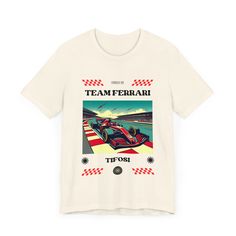 a white t - shirt with an image of a race car on it