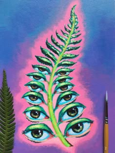 a painting of a green leaf with blue eyes