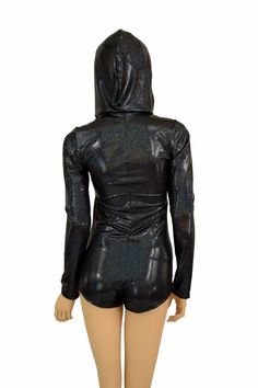 "This item is made to order, please read all the way through the listing before purchasing! This bodysuit is made of lycra spandex with dazzling holographic shine. The dark, beautiful black hologram sparkles tiny rainbows with every move you make! Long sleeves, full hood, and boy cut legs. Hood is lined with black zen soft knit fabric. Four way stretch for a figure forming fit. This bodysuit is unlined. Womens Sizing (See below for instructions on where measurements should be taken) XXS: Bust 29 Fitted Black Futuristic Bodysuit, Metallic Shiny High Stretch Unitard, Metallic Stretch Unitard For Night Out, Black Stretch Rave Unitard, High Stretch Black Bodysuit For Halloween, High Stretch Black Unitard For Halloween, Black Fitted Rave Bodysuit, Rave Dance, Black Holographic