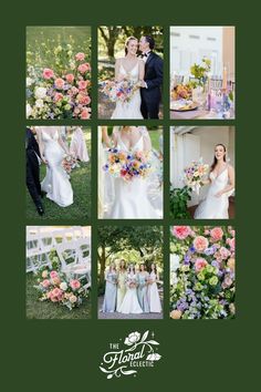 a couple standing next to each other in front of a bunch of flowers and greenery