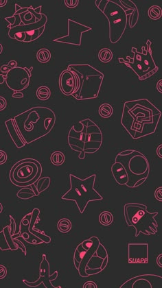 a black background with pink and red doodles on the bottom right corner is an image of several different types of objects