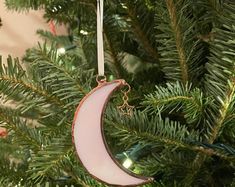 Iridescent Moon Ornament With Hanging Gold Star - Etsy Moon Ornament, Gold Star, Gold Stars, Christmas Tree, Moon, Christmas, Gold