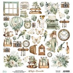 an assortment of vintage clocks, flowers and other items are featured in this image with the caption's description below