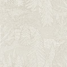 a white and beige wallpaper with trees on the bottom right hand corner in an abstract pattern