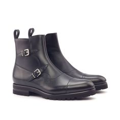 Men's Double Monk Boots in Black Pebble Grain and Italian Calf with Zipper Buckle Boot, High End Shoes, Double Monk Strap, Botas Chelsea, Custom Design Shoes, Custom Made Shoes, Elevated Style, Buckle Boots, Dress Shoe