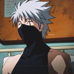 an anime character with white hair wearing a black mask and looking off to the side