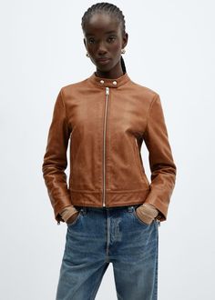 100% leather jacket - Women | Mango USA Spring Leather Jacket, Spring Outfit Idea, Leather Jacket Brown, Mango Mousse, Oversized Wool Coat, Zipper Jumpsuit, Leather Trend, Fresh Outfits, Classic Brown