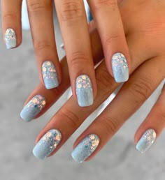 Silver Blue Nails Acrylic, Light Blue Dipped Nails, Light Blue Dip Nails With Design, Light Blue And Gold Nails Acrylic, Light Blue With Silver Nails, Baby Blue Gel Nails Design, Light Blue Glitter Ombre Nails, Blue Dip Nails With Design, Light Blue Nails With Silver Glitter