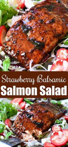 strawberry balsamic salmon salad with fresh strawberries and lettuce on the side