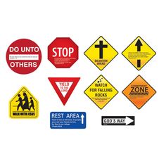 various road signs and stickers on a white background with the words do unto others