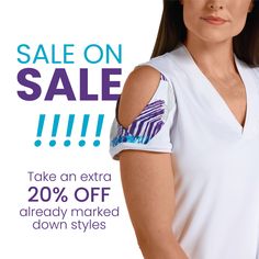 a woman in white shirt and sunglasses with text sale on sale take an extra 20 % off already marked down styles