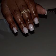 Short White Powder Nails, Overlay White Nails, Natural Overlay Nails Design, Cute White Short Acrylic Nails, Soft White Square Nails, Short Milky White Nails With Rhinestones, Short Soft White Nails, Short Off White Nails, Polygel Overlay Nails