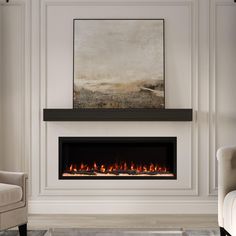 a living room with a fire place and two chairs in front of the fireplace that is lit