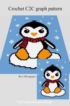 Cute Penguin in the snow blue crochet corner to corner blanket graph pattern Crochet Jungle Blanket, C2c Graphgan Charts Free, One Piece Penguin, Penguin Chart, C2c Christmas, C2c Baby Blanket, Penguin Blanket, C2c Patterns, Crochet C2c Pattern