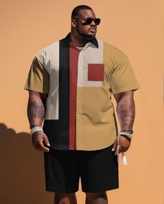 This shirt features solid color patchwork, geometric shapes, and checkered elements that are versatile and stylish. The shirt is usually designed with a lapel collar, which can be worn with a tie or an open collar according to personal preference. The cuffs of the shirt are usually designed with buttons that can be adjusted as needed. There are many patterns to choose from for this type of shirt, such as classic plaid, English plaid, diamond plaid, geometric stripes, and more. A men's short-slee Short Sleeve Patchwork Shirt For Work, Workwear Short Sleeve Patchwork Shirt, Summer Patchwork Shirt For Workwear, Summer Patchwork Shirt For Work, Summer Patchwork Workwear Shirt, Yellow Cotton Patchwork Shirt, Casual Yellow Patchwork Shirt, Types Of Suits, Geometric Patchwork