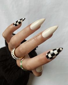 Black Nails Checkered, Nails Checkered, Nail Inspo 2023, Nails Cream, Long Nails Almond, Ivory Nails, Nails Abstract, Elegant Touch Nails