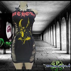 custom made ladies dress pentagram yellow goat black metal band Emo Halloween Club Dresses, Stretch Punk Club Dress, Edgy Club Dresses For Halloween, Emo Style Halloween Concert Dress, Edgy Halloween Club Dresses, Emo Halloween Concert Dress, Fitted Alternative Club Dress, Punk Style Dresses For Concert, Grunge Dress For Summer Costume Party