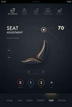 the seat adjustments page on an iphone device, with buttons and numbers in different colors