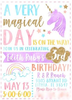 a birthday card with unicorns, stars and rainbows on the front is shown