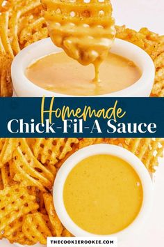 homemade chicken fila sauce is being drizzled over cheesy waffles