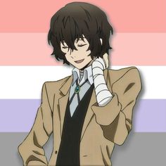 an anime character holding a cell phone to his ear while wearing a suit and tie