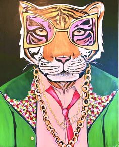 a painting of a tiger wearing a green jacket and pink shirt with gold chains around its neck