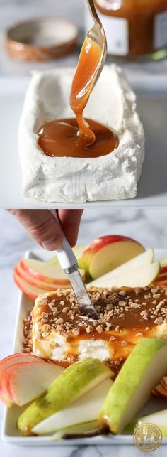 someone is spreading caramel sauce on an apple and cheese appetizer with sliced apples