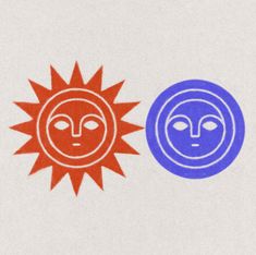 two sun and moon logos on a white paper with red and blue circles in the middle