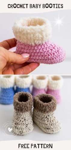 crochet baby booties with text overlay that reads, free pattern and instructions