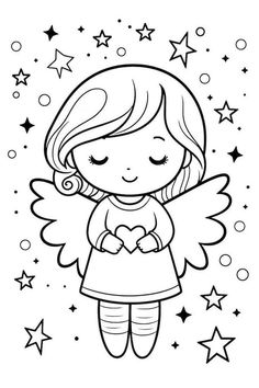 an angel girl with stars around her body and hands folded in the shape of a heart