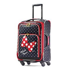 Pack more fun with the Disney and American Tourister co-branded luggage. This 21 inch American Tourister Disney softside luggage with spinner wheels was designed to fit in most overhead compartments, however, may not conform to some airlines carry-on standards. The fun printed interior has pockets and cross straps will keep you organized while on the go . Minnie Mouse Suitcase, Kids Luggage Sets, Disney Luggage, Minnie Mouse Red, Suitcase Tags, 3 Piece Luggage Set, Minnie Mouse Bow, Luggage Organization, Spinner Luggage