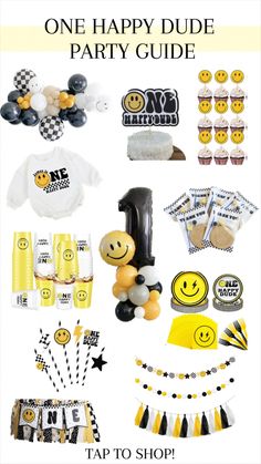 a birthday party with balloons, decorations and other items for the one happy dude party