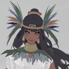 a woman with long black hair and feathers on her head