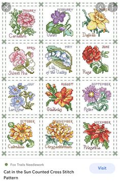 cross stitch pattern with flowers and words on it, including the names of each flower