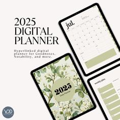 the digital planner is displayed on three ipads and two tablet screens with floral designs